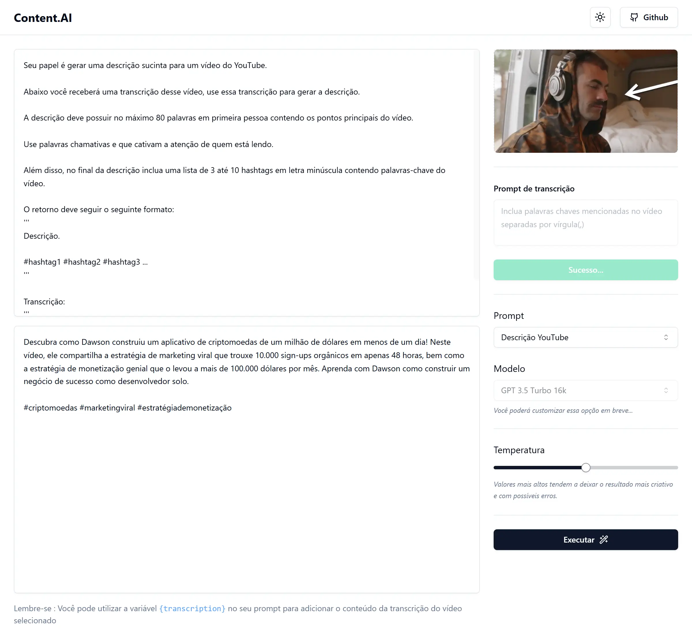 Página inicial do site Content AI
