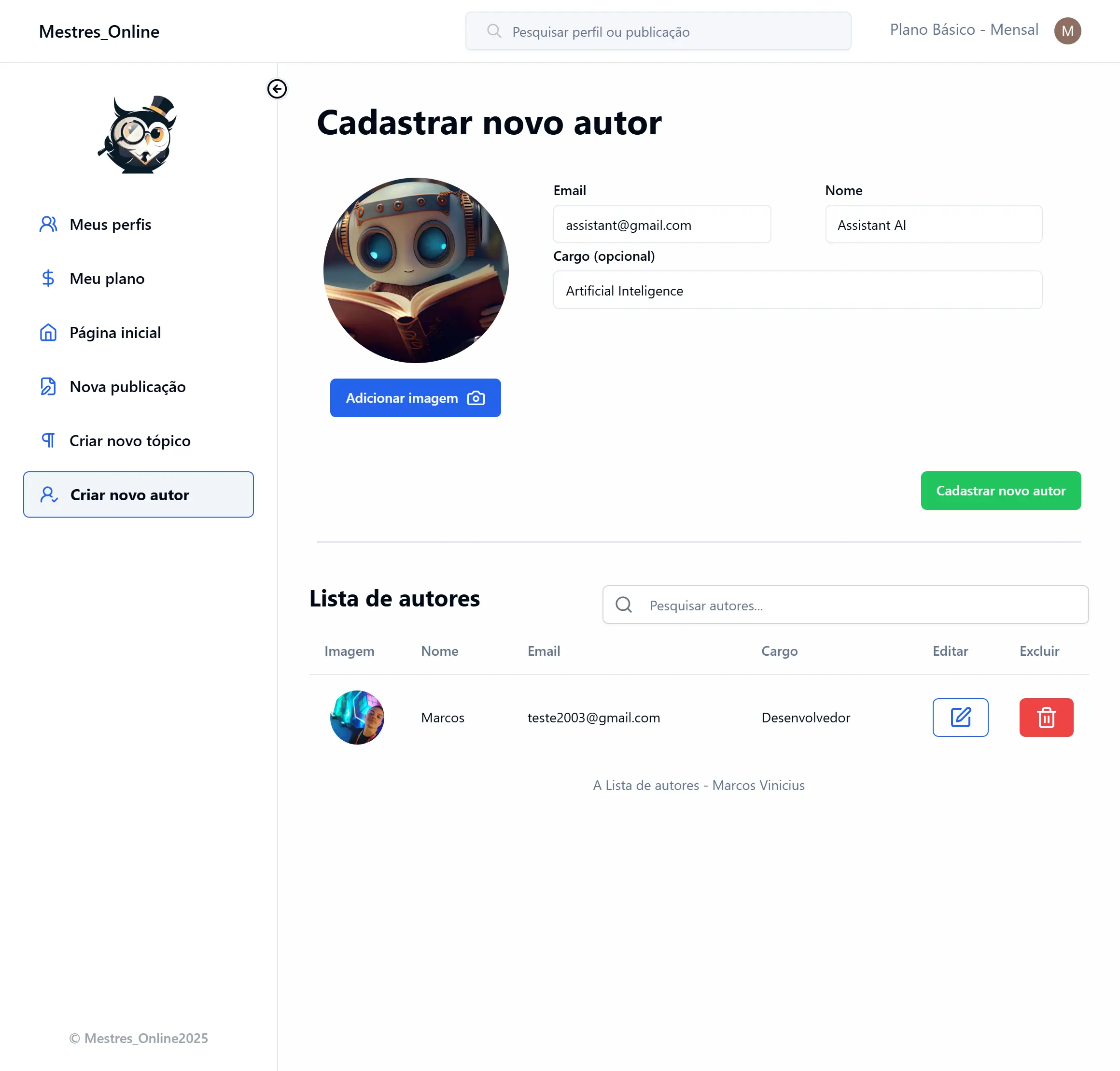 Página de criação de autores do site Mestres online