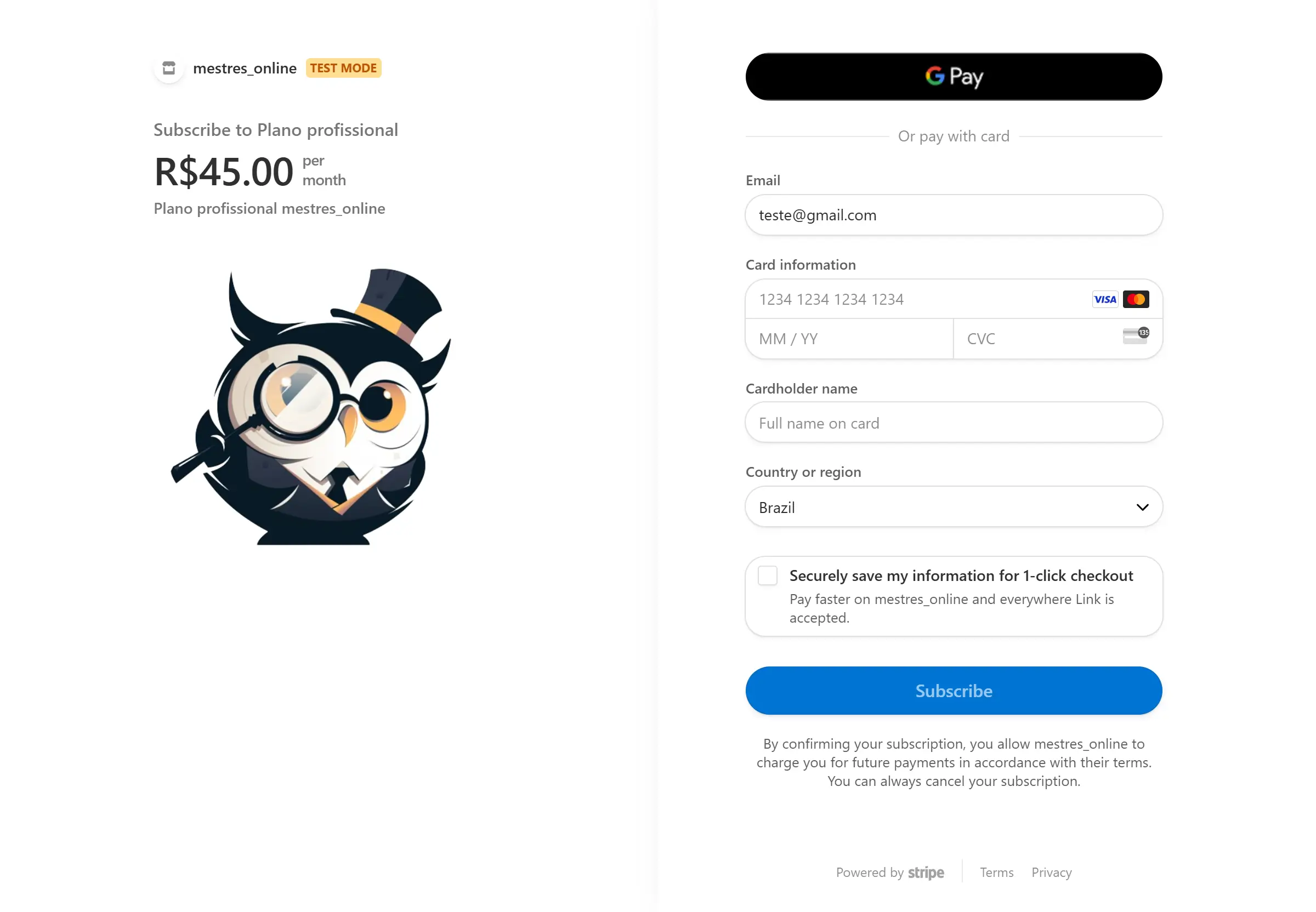Página do stripe para compra de um plano
