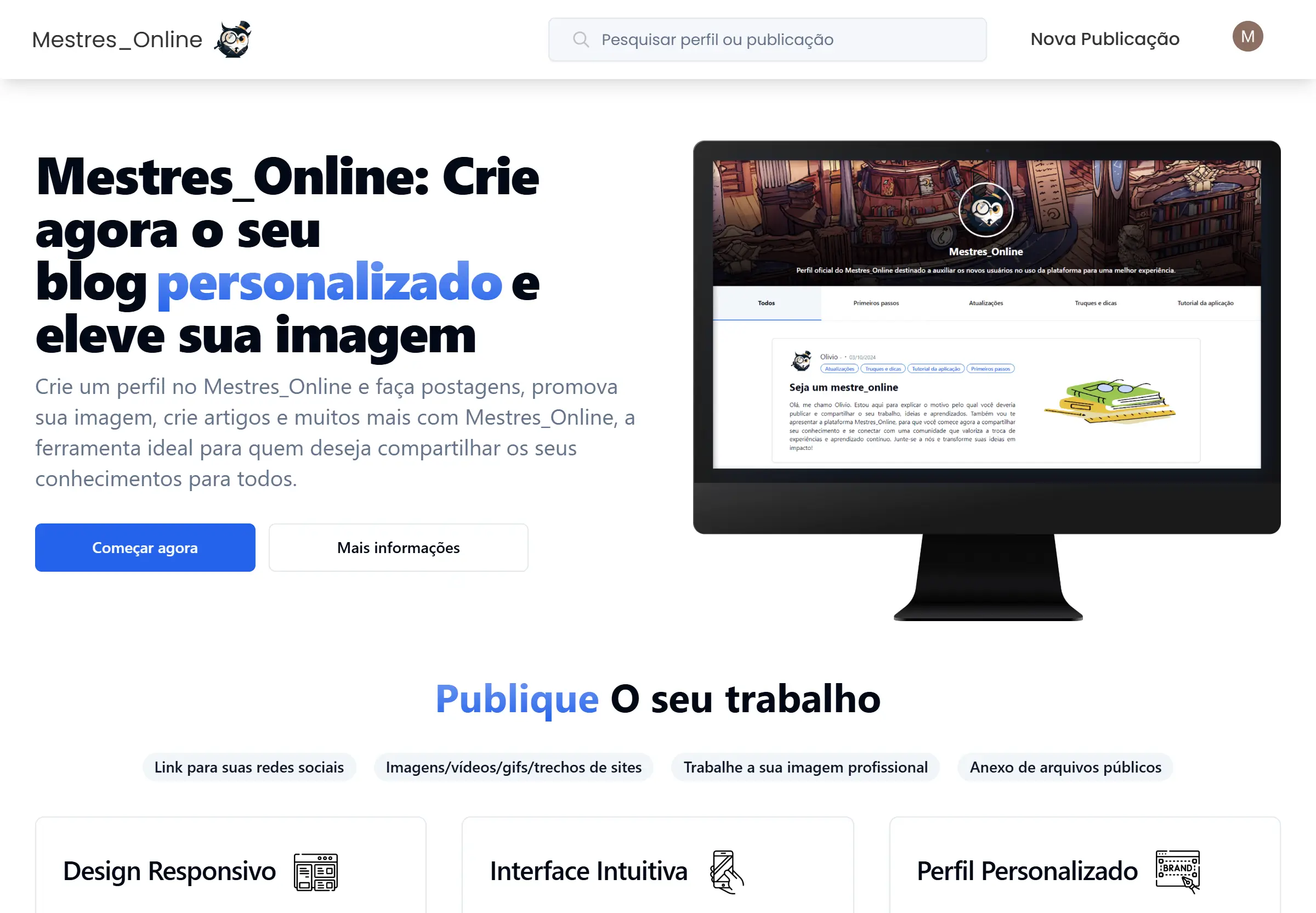 Página inicial do site Mestres online