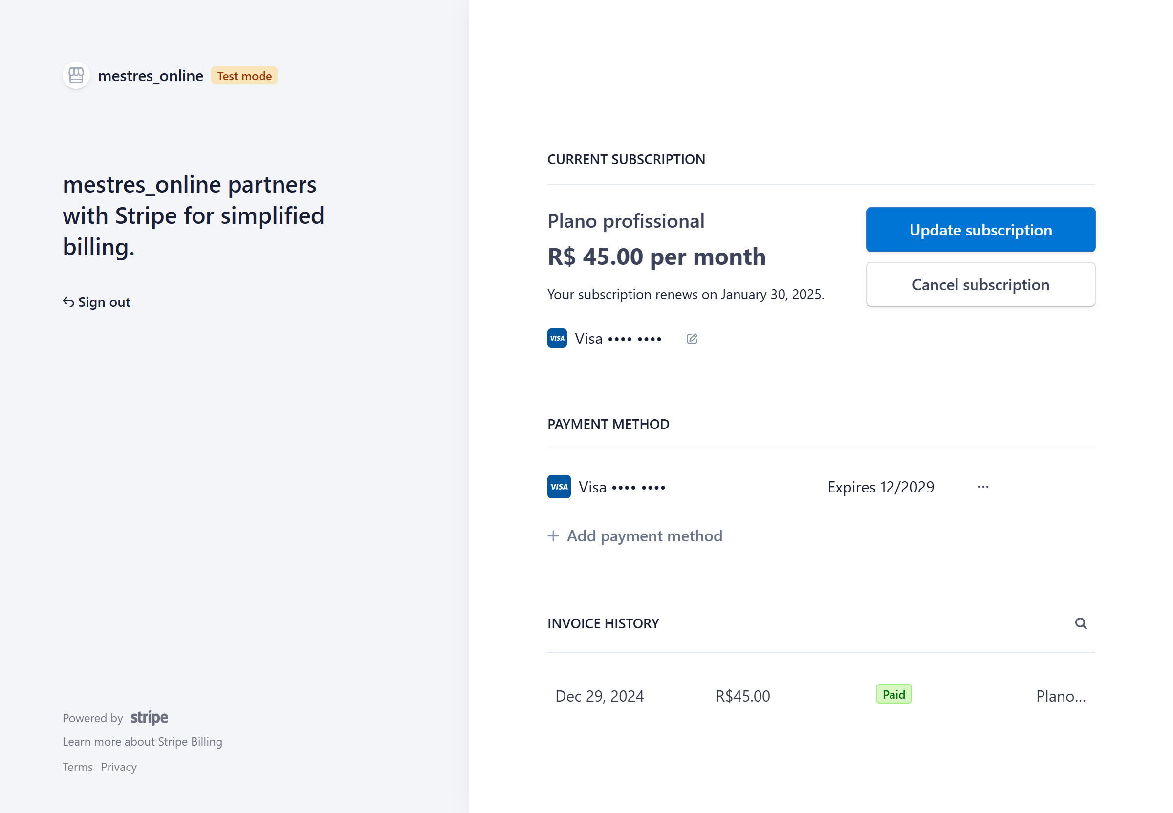 Página do stripe para gerenciamento de planos