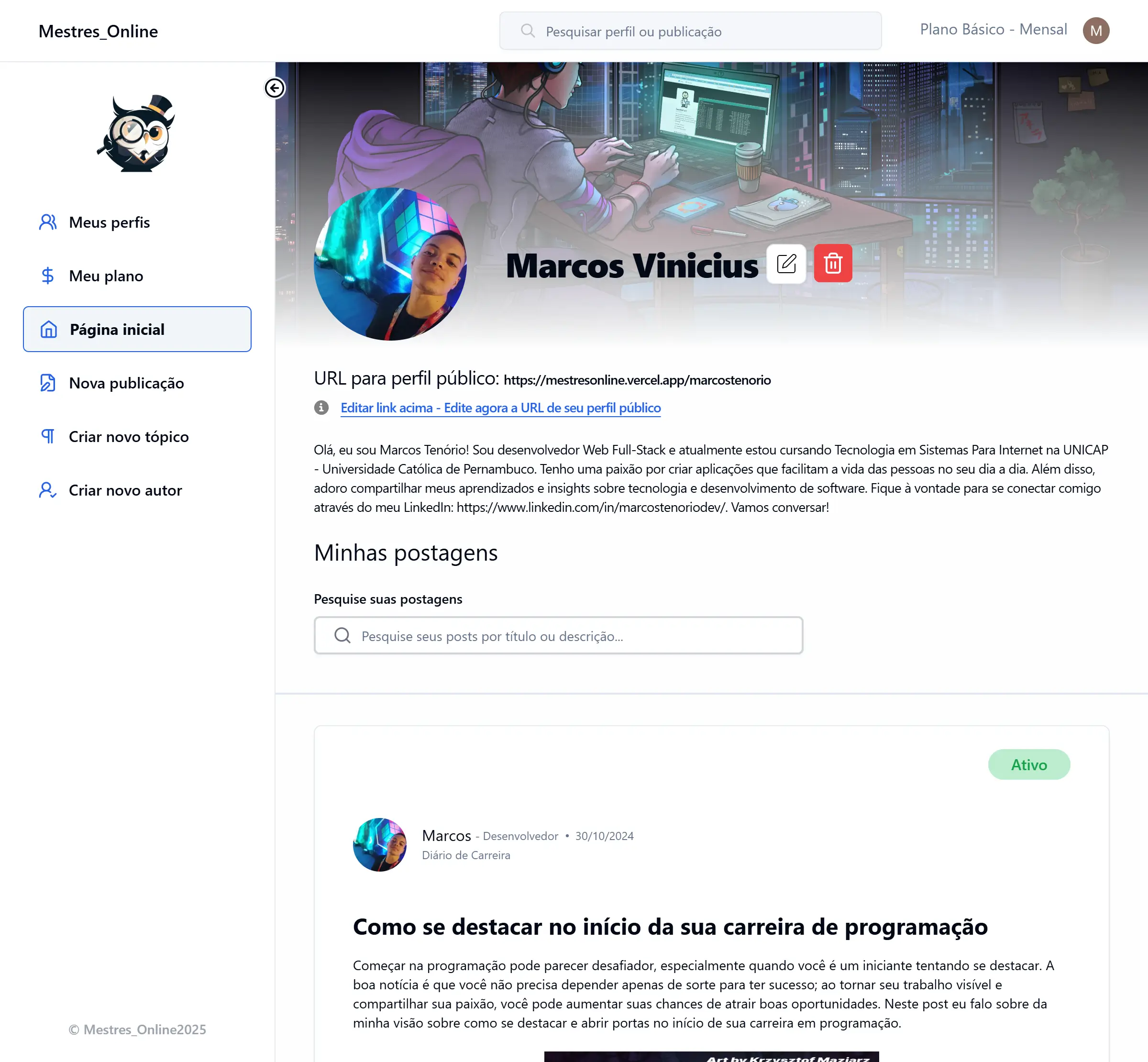 Página do perfil do site Mestres online