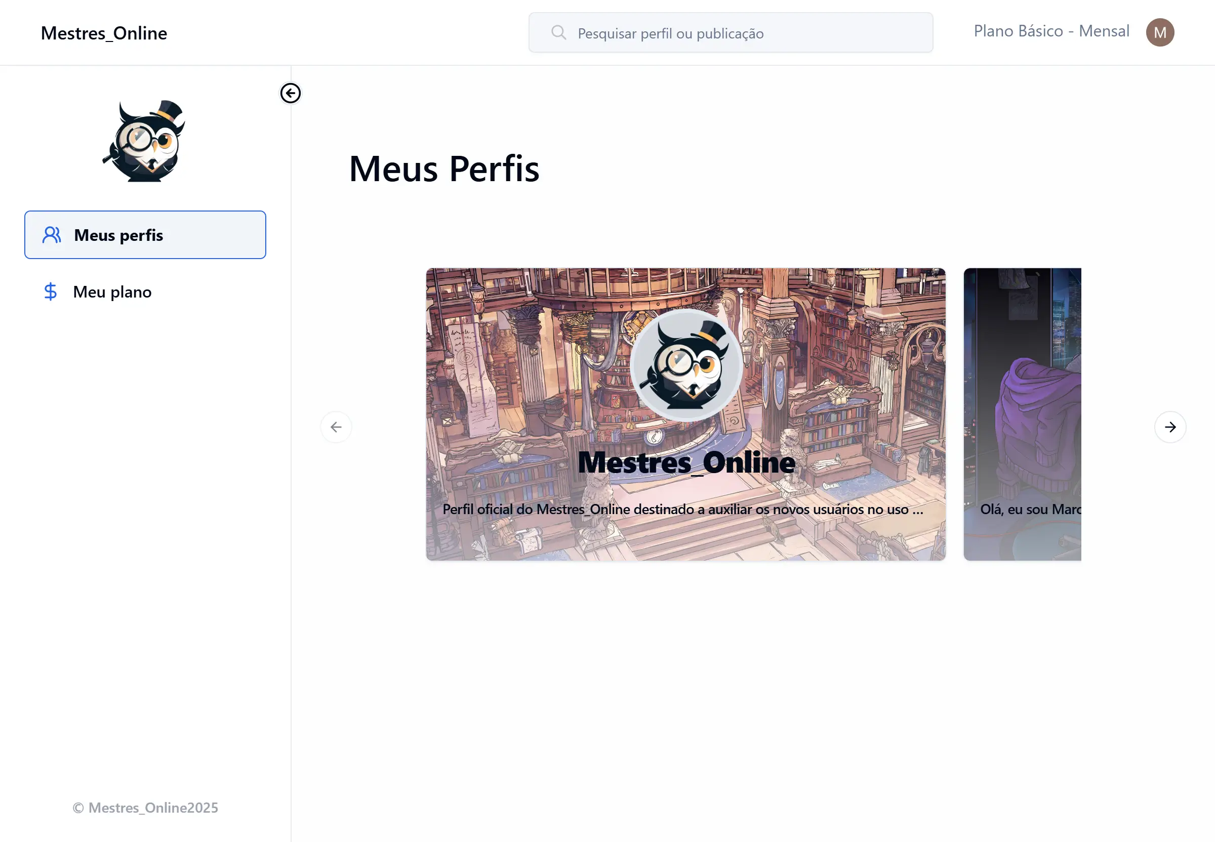 Página de perfis do site Mestres online