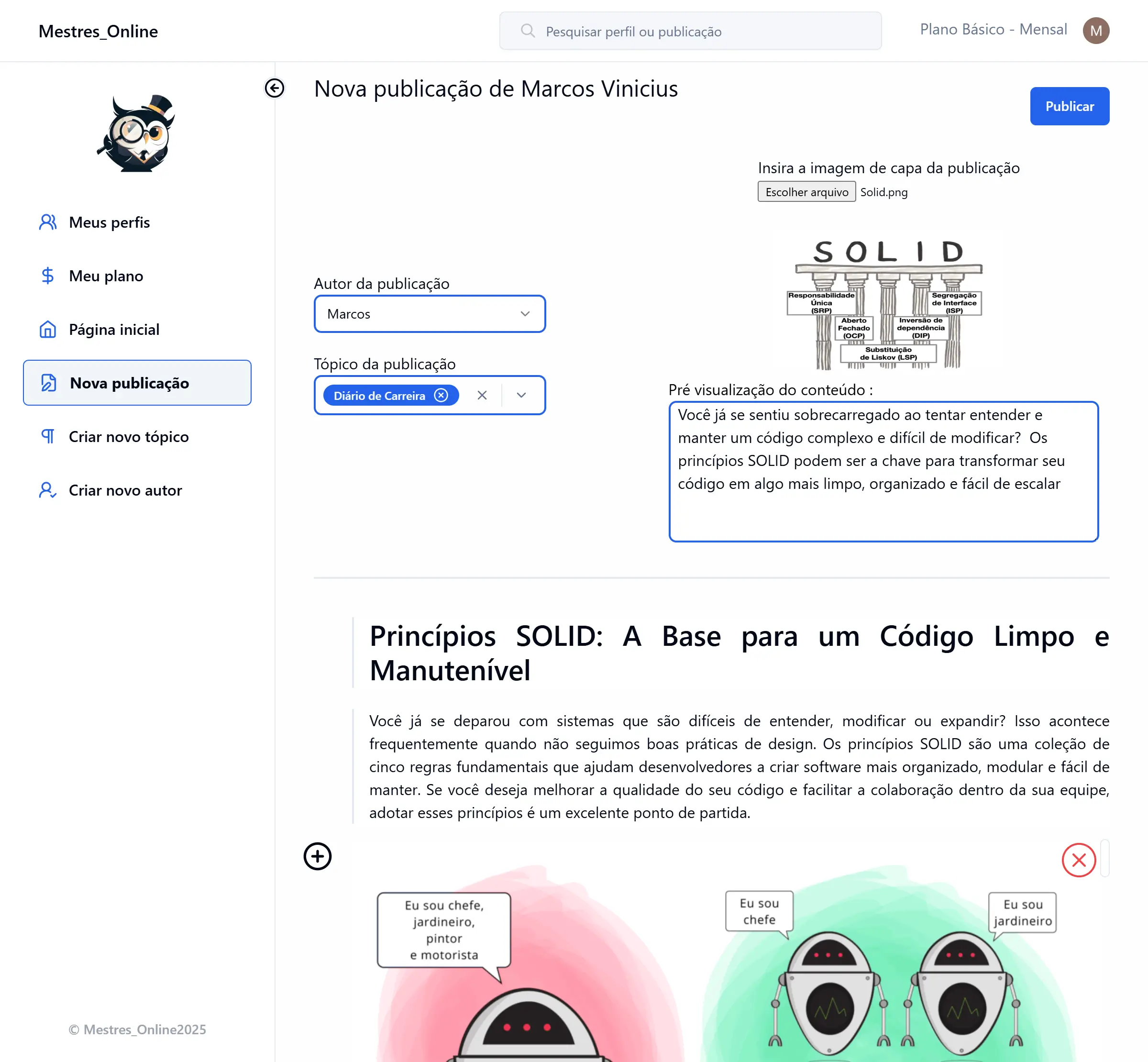 Página de publicação do site Mestres online