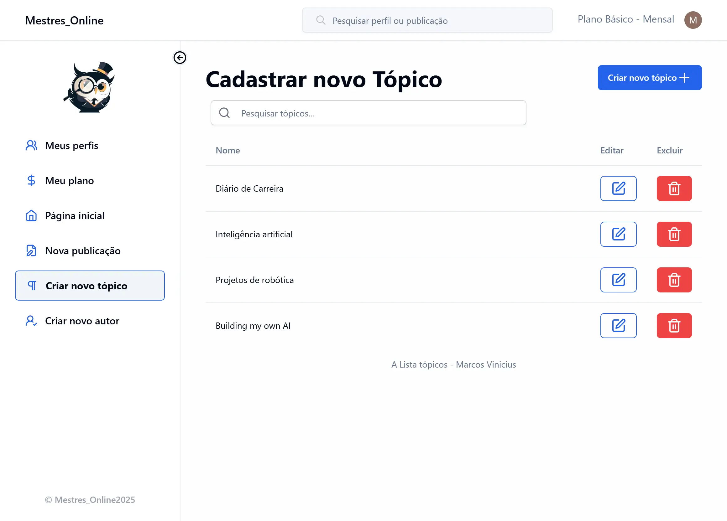 Página de criação de tópicos do site Mestres online