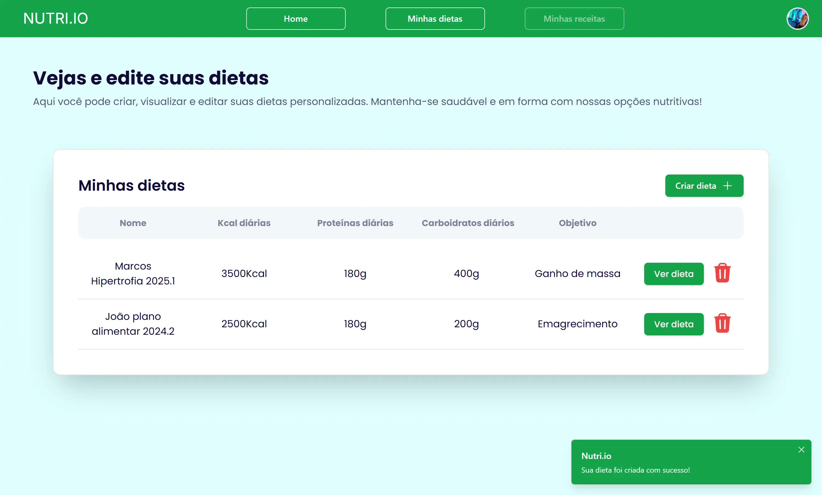 Página de dietas do site Nutri.io