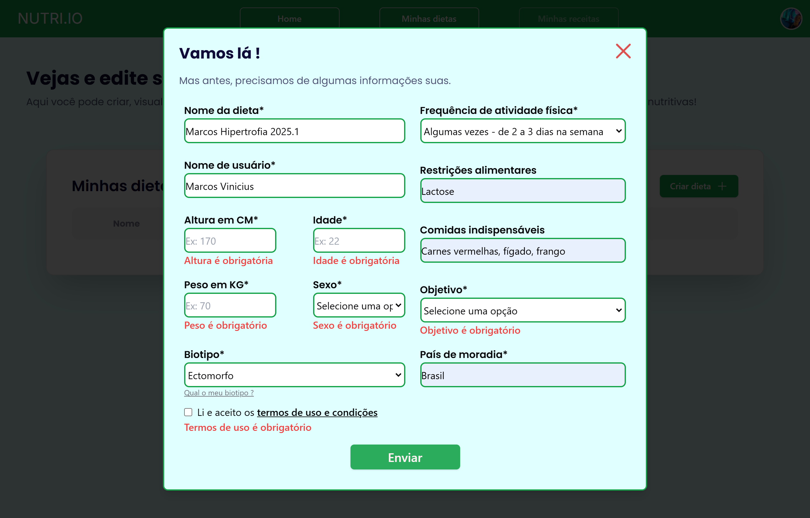 Formulário de criação de dieta