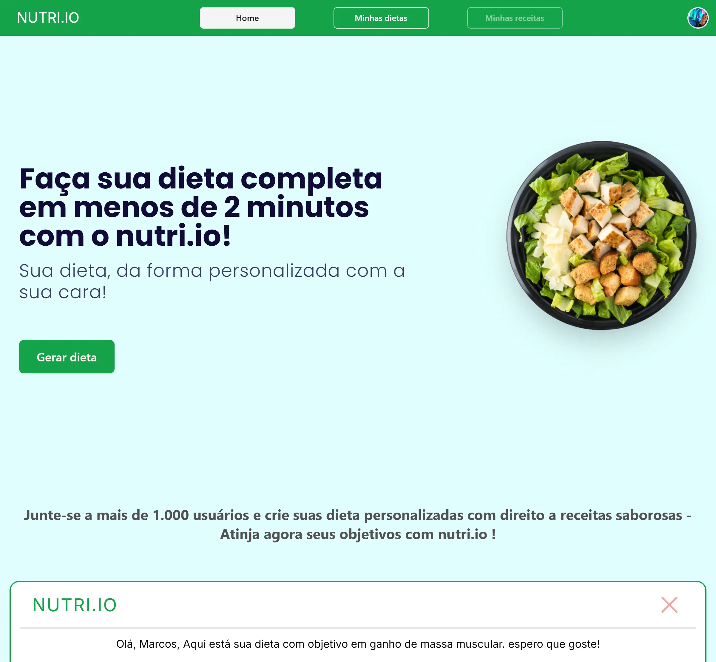 Página inicial do site Nutri.io