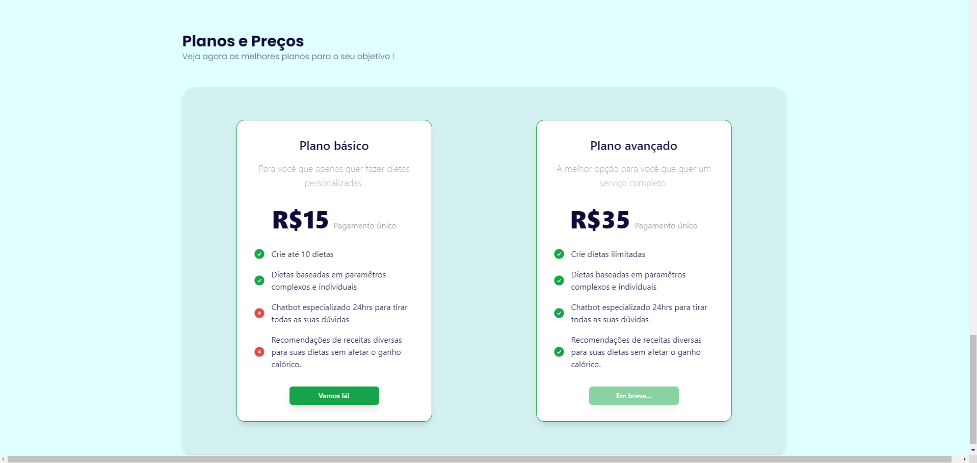 Sessão de planos do site Nutri.io