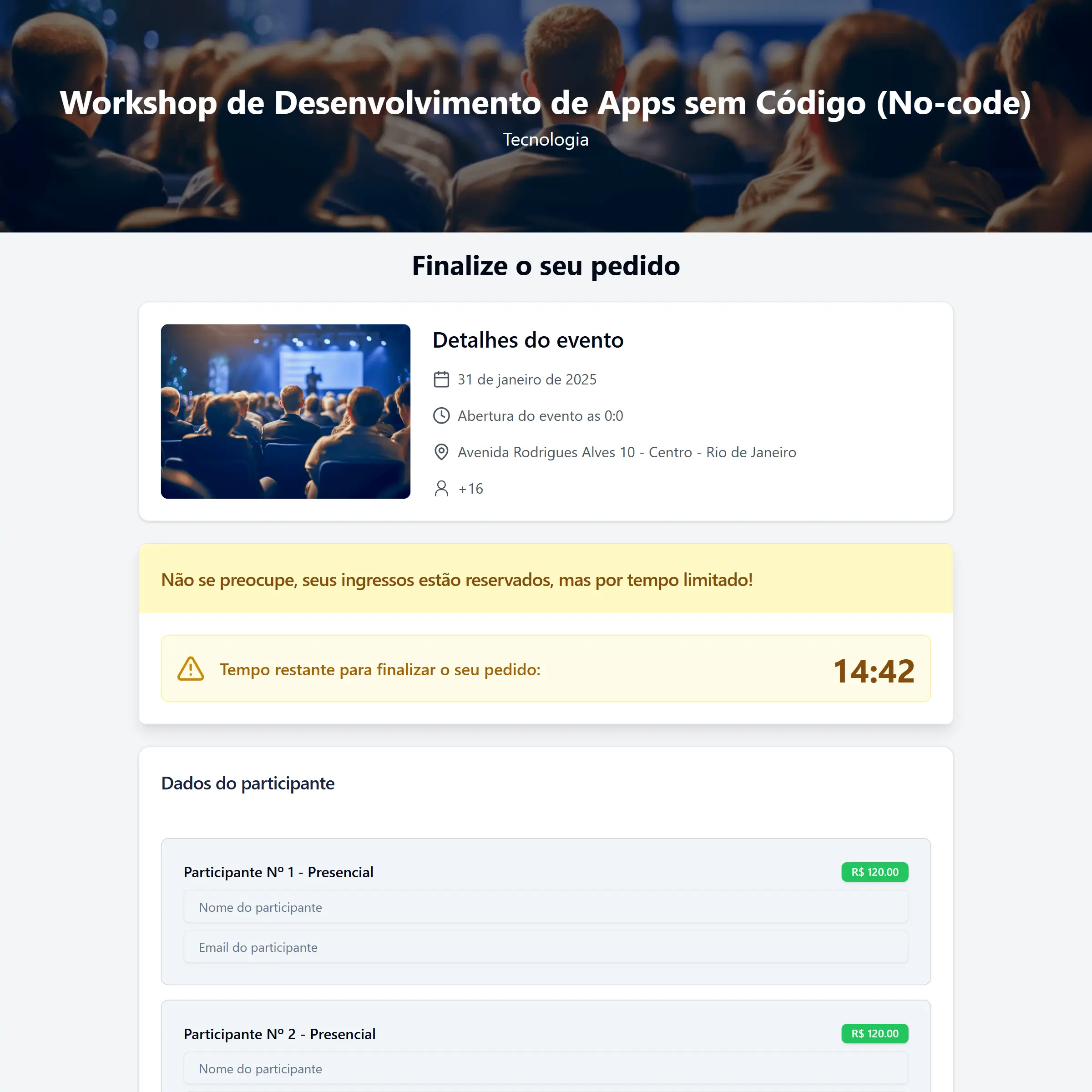 Página de reserva de ticket do site Obon