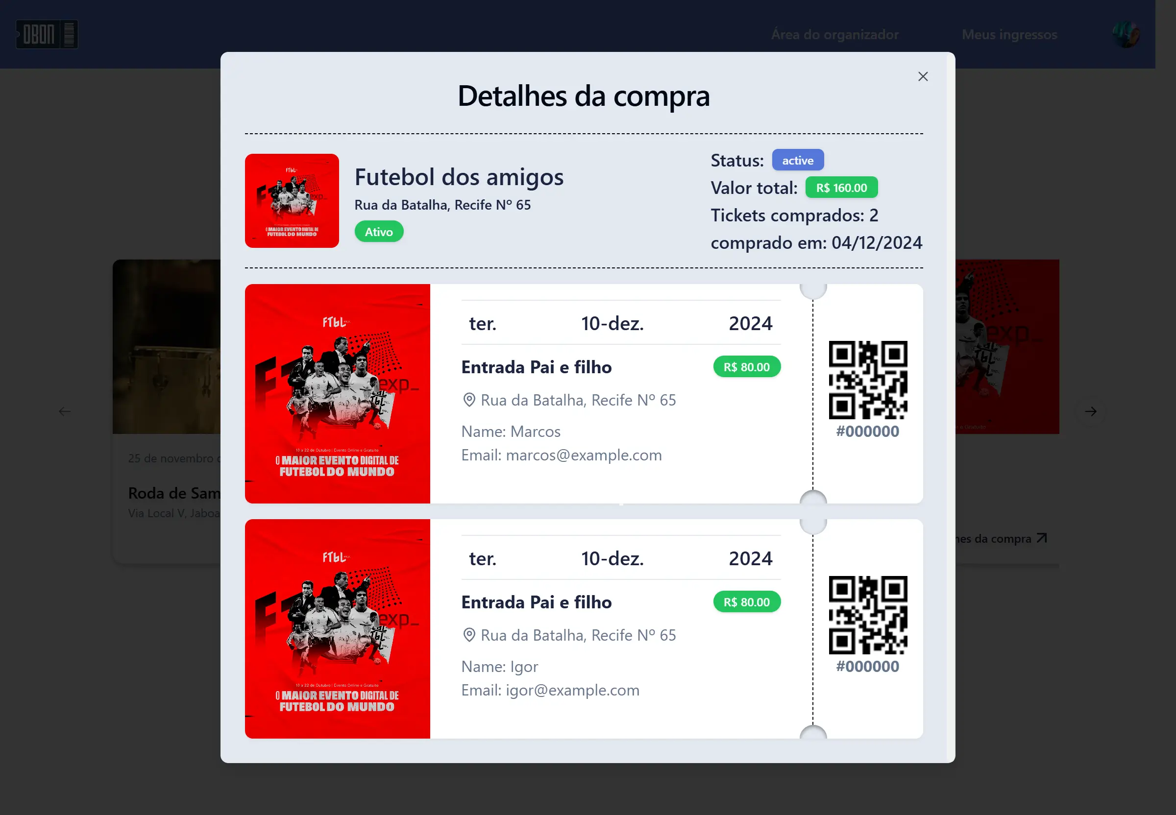 Página de visualização de ticket do site Obon